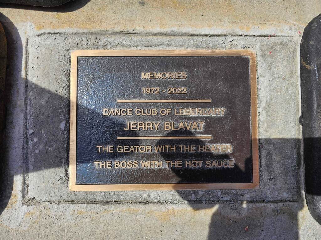 A marker embedded outside Memories in Margate pays tribute to the club's former owner, Philadelphia radio disc jockey Jerry Blavat, who died in January 2023