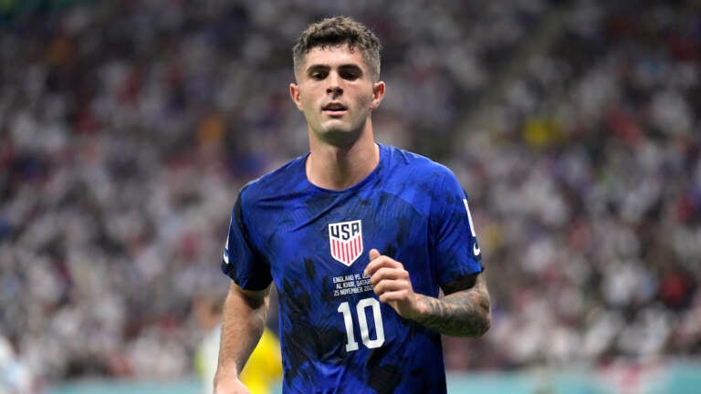 Christian Pulisic of the United States in action during the World Cup group B soccer match between England and the United States, at the Al Bayt Stadium in Al Khor, Qatar, Friday, Nov. 25, 2022