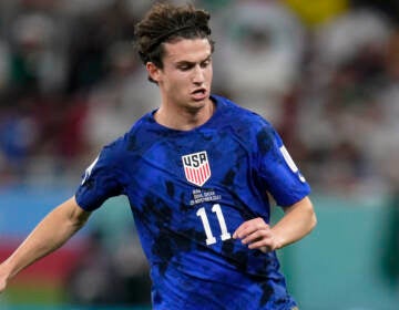 Brenden Aaronson of the United States in action during the World Cup group B soccer match between Iran and the United States at the Al Thumama Stadium in Doha, Qatar, Tuesday, Nov. 29, 2022