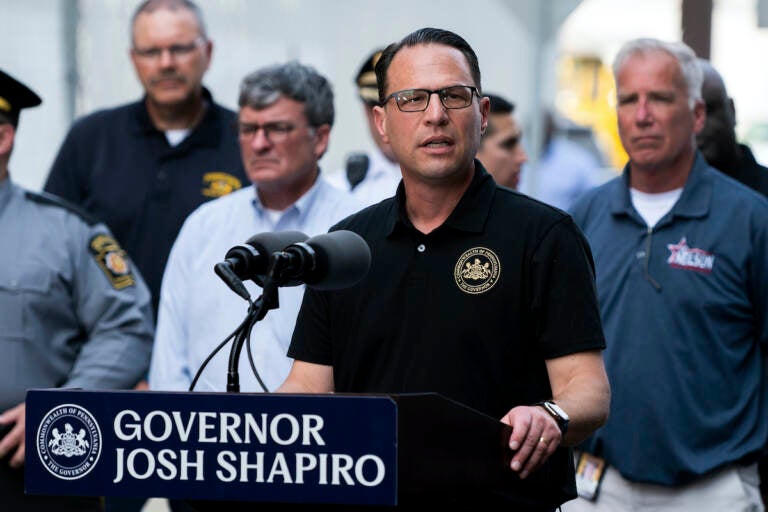 File photo: Pennsylvania Gov. Josh Shapiro speaks during a news conference following the collapse of an elevated section of Interstate 95 after a tanker truck caught fire, June 11, 2023, in Philadelphia.