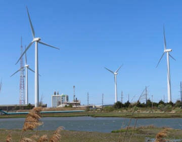 Land-based windmills turn in the wind in Atlantic City, N.J., on April 28, 2022.