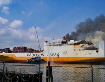 FILE - Emergency personnel battle against a fire aboard the Italian-flagged Grande Costa d'Avorio cargo ship at the Port of Newark, Friday, July 7, 2023, in Newark, N.J. Crews extinguished the intensely burning fire aboard a cargo ship docked in New Jersey after nearly a week and are now beginning their investigation into the blaze that resulted in the deaths of two firefighters, officials said Tuesday, July 11, 2023. (AP Photo/John Minchillo, File)