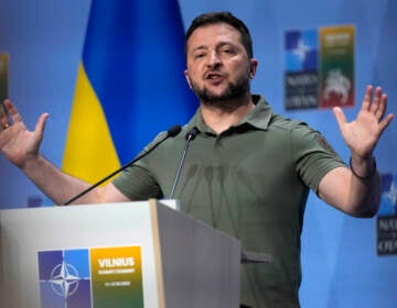 Ukraine's President Volodymyr Zelenskyy addresses a media conference at a NATO summit in Vilnius, Lithuania, Wednesday, July 12, 2023. The United States and other major industrialized nations are pledging long-term security assistance for Ukraine as it continues to fight Russia's invasion.