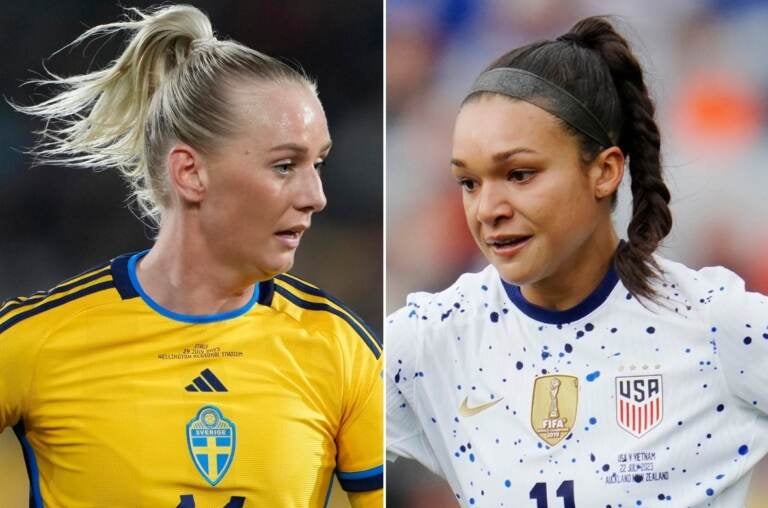 Sweden's Stina Blackstenius (left) and the United States' Sophia Smith (right) in side-by-side photos.