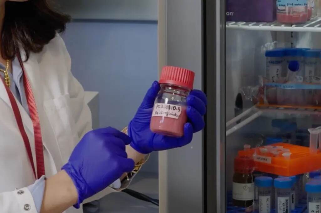 A bottle of ErythroMer, an artificial red blood cell product made with biotech startup KaloCyte. (Courtesy of University of Maryland School of Medicine)