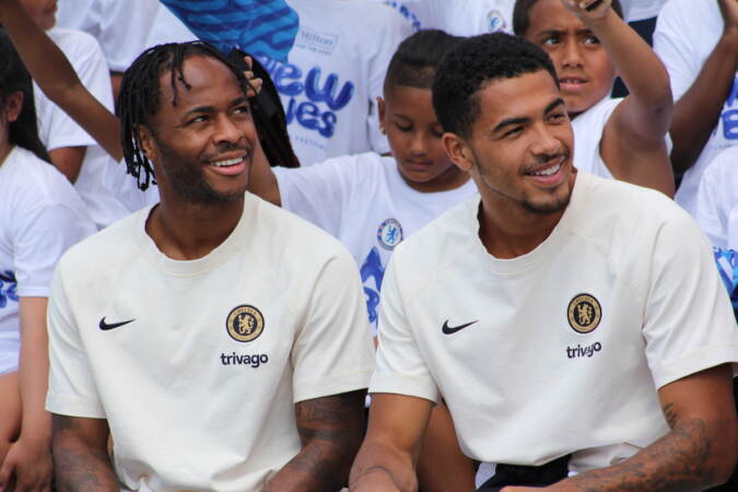 Chelsea forward Raheem Sterling (left) and defender Levi Colwell hung out with the kids Monday at Cristo Rey Philadelphia High School.