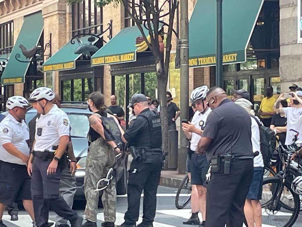 Multiple arrests were made this weekend during Moms For Liberty Summit protests, including six on Sunday for blocking traffic outside of the Marriott Hotel in Center City. (Nico Wesler, Courtesy of ACT UP Philadelphia)