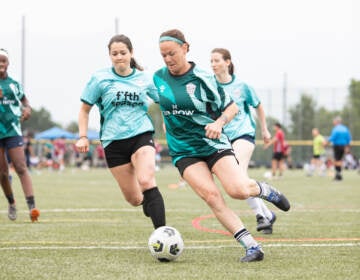 Women playing soccer