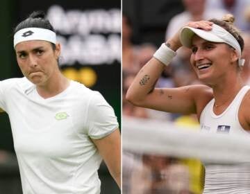 Tunisia's Ons Jabeur (left) )and Czech Republic's Marketa Vondrousova celebrate during there respective Wimbledon semifinal victories