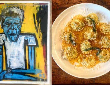 A painting of Anthony Bourdain on the left. On the right, a plate of pasta.