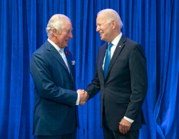 Britain's Prince Charles, left, greets President of the United States Joe Biden ahead of their bilateral meeting during the Cop26 summit at the Scottish Event Campus (SEC) in Glasgow, Scotland, Tuesday, Nov. 2, 2021.