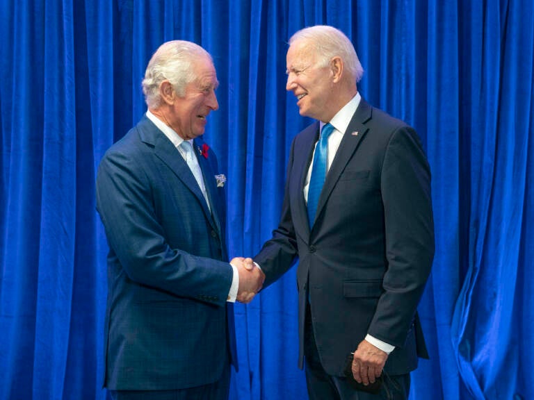 Britain's Prince Charles, left, greets President of the United States Joe Biden ahead of their bilateral meeting during the Cop26 summit at the Scottish Event Campus (SEC) in Glasgow, Scotland, Tuesday, Nov. 2, 2021.