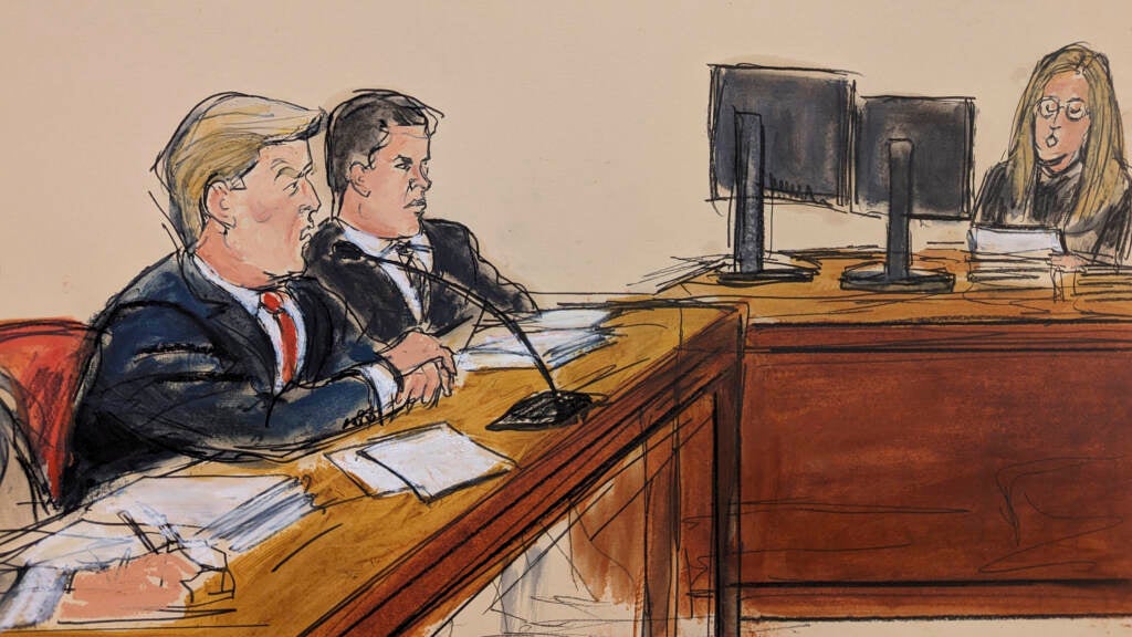 This artist sketch depicts former President Donald Trump, far left, pleading not guilty as the Clerk of the Court reads the charges and asks him "How do you plea?"