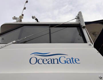 A view of a boat with a sign that reads OceanGate.