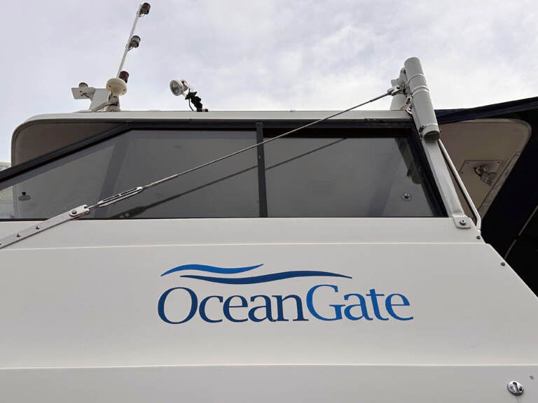 A view of a boat with a sign that reads OceanGate.