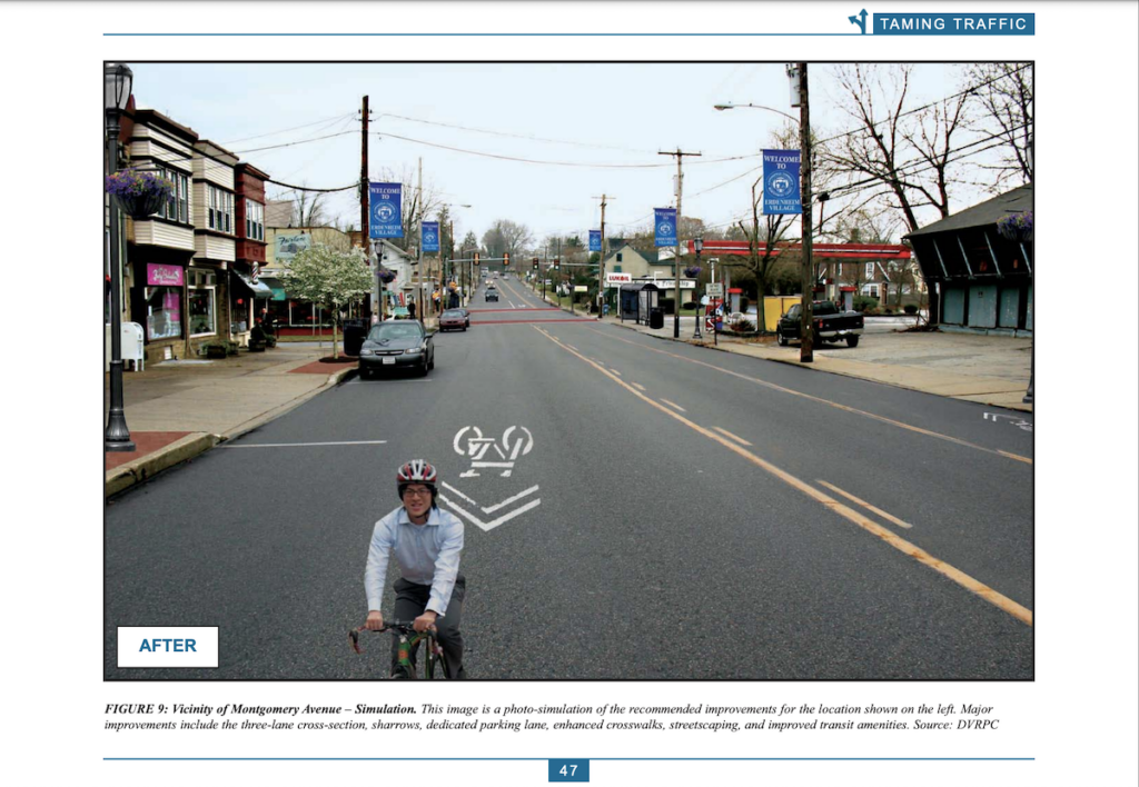 A biker is shown biking in a bike lane on Bethlehem Pike. It's labeled as after.