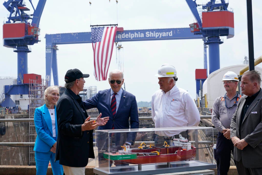 President Biden at the press conference at the shipyard.