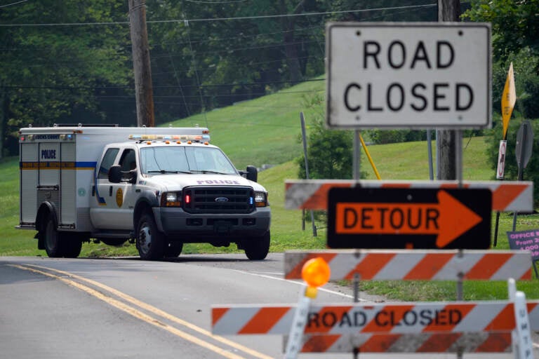 A 'road closed' sign is seen in Bucks County
