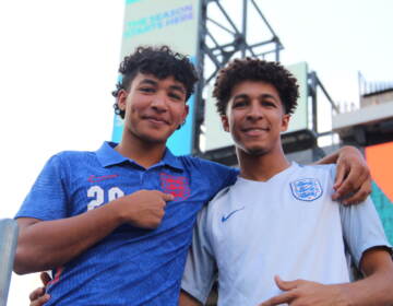 Two fans pose for a picture at the Premier League Summer Series event at Lincoln Financial Field