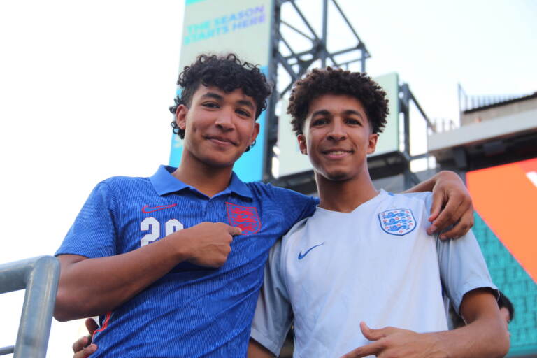 Two fans pose for a picture at the Premier League Summer Series event at Lincoln Financial Field