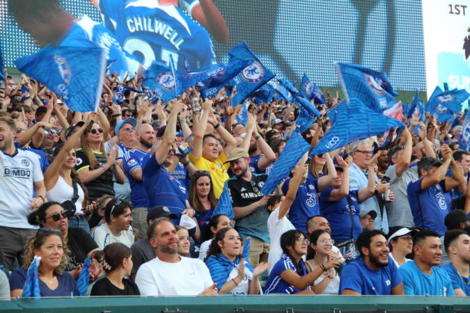 Chelsea FC supporters cheer in the stands at Lincoln Financial Field