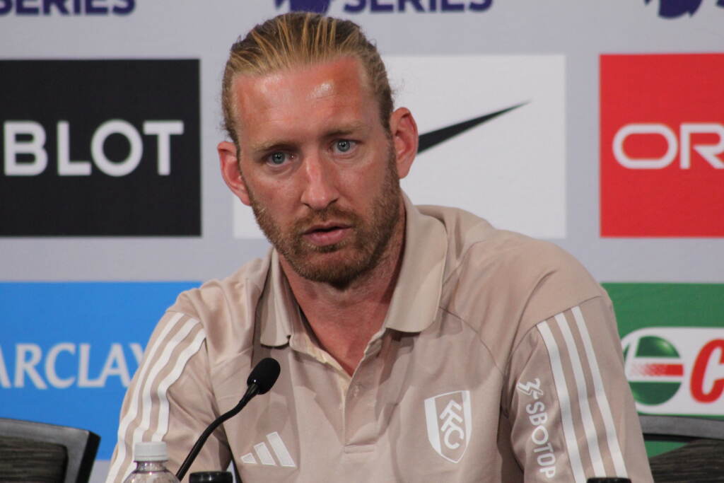 A closeup of USMNT and Fulham defender Tim Ream at a press conference