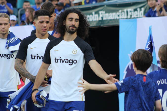 Chelsea defender Marc Cucurella high fives a fan shortly before taking the pitch at Lincoln Financial Field