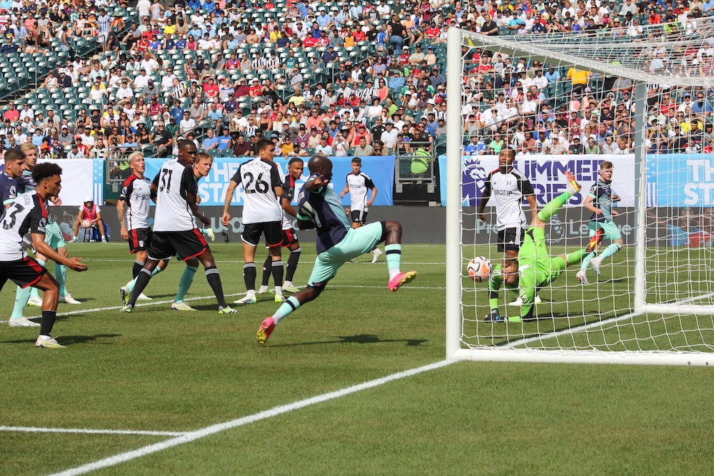 Brentford forward Yoane Wissa scores the team's first goal during the Premier League Summer Series match on Sunday.