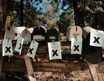 A row of mailboxes tagged with evacuation notices during the Oak Fire in Mariposa, Calif.