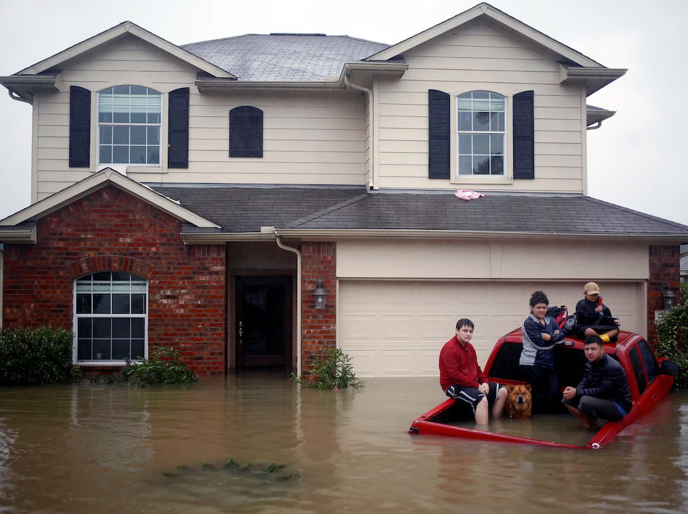 Residents with a dog sit in the back of a truck while waiting to be rescued from rising floodwaters during Hurricane Harvey in Spring, Texas, in August 2017