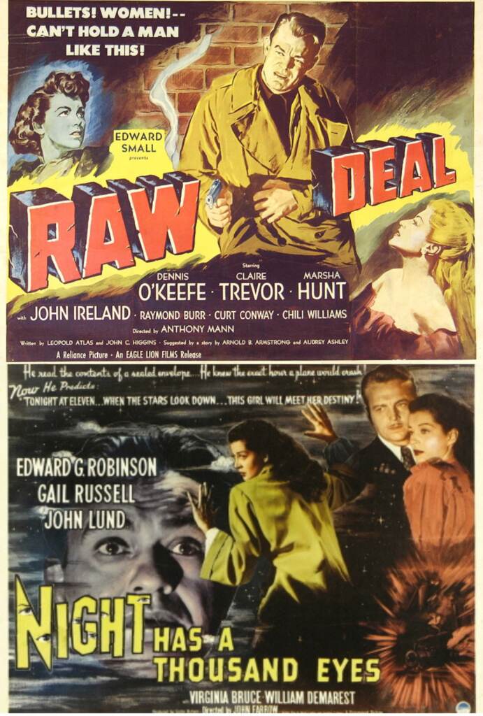 Movie posters advertising two film noir feature films.