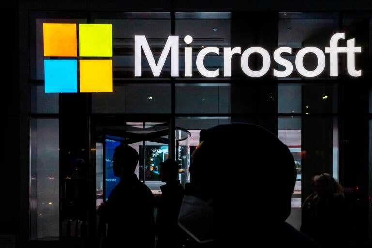 A signage of Microsoft is seen on March 13, 2020 in New York City. The U.S. government and Microsoft recently revealed that Chinese hackers broke in to online email systems and stole some unclassified information.