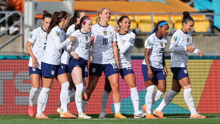 Members of the U.S. Women's National Team celebrate their game-tying goal against the Netherlands at the Women's World Cup on July 27 in Wellington, New Zealand.