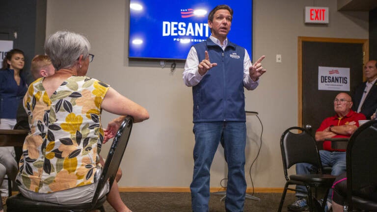 Ron DeSantis, governor of Florida, speaks during a campaign event at Olde Boston's Restaurant & Pub in Fort Dodge, Iowa, US, on Friday, July 14, 2023. The Federal Election Commission report due Saturday for the second quarter of 2023 will give indications how effectively DeSantis is reaching average people who donate small amounts, a proxy of grassroots support. Photographer: Rachel Mummey/Bloomberg