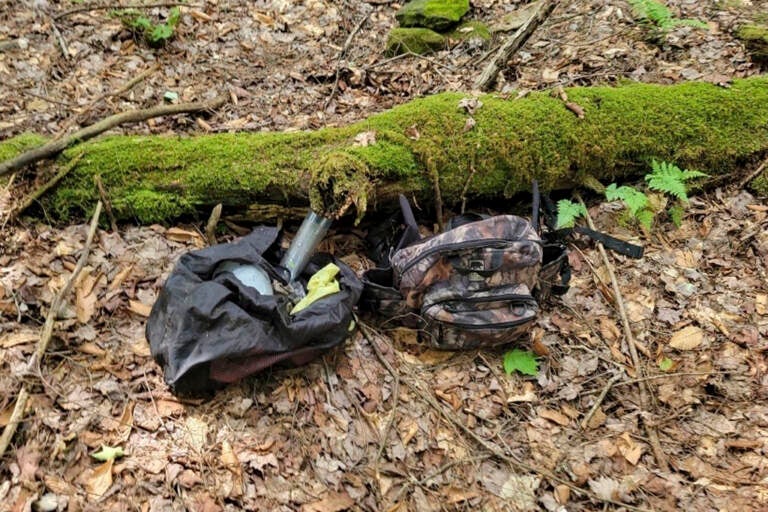 Two bags lie on the ground in the woods next to a log.
