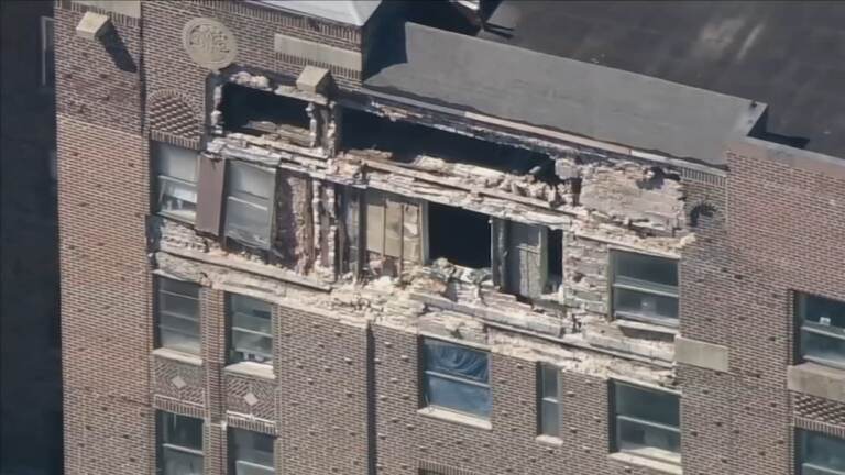 Partially crumbled facade of building