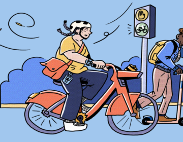 An illustration shows someone riding a scooter waving at another person riding a bike.