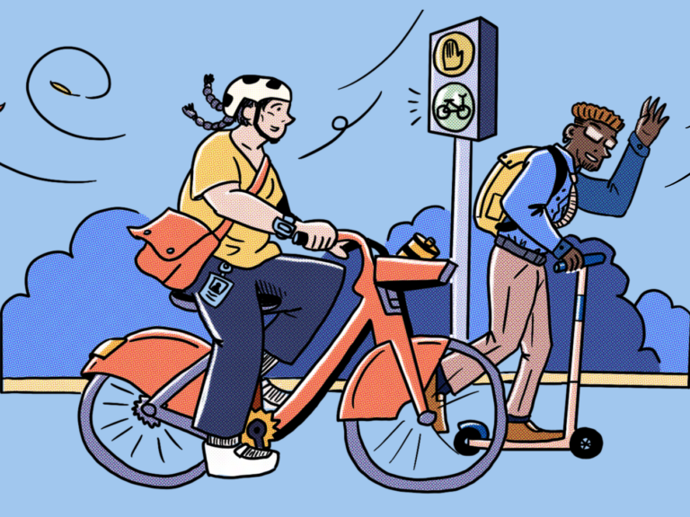 An illustration shows someone riding a scooter waving at another person riding a bike.