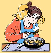 An illustration shows a person cooking as a cat perches on their shoulder.