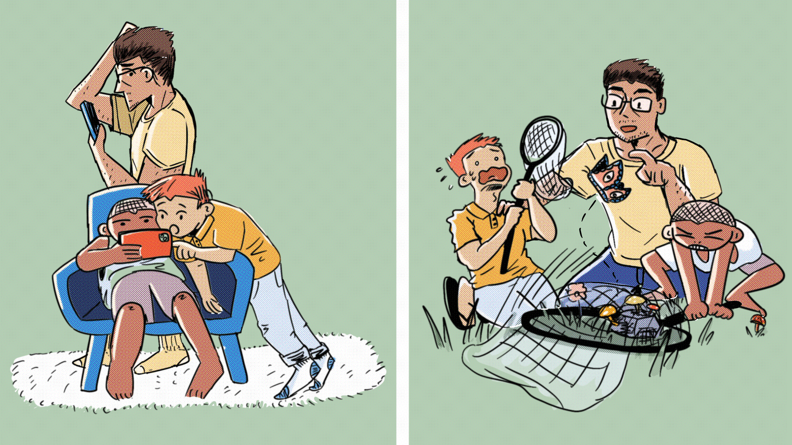 An illustration on the left shows a parent and two kids sitting around. An illustration on the right shows them playing.