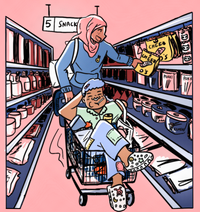 An illustration shows people shopping.