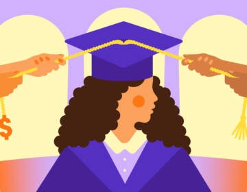 An illustration shows two different pairs of hands pulling at the tassels on the graduation cap of a student in the middle of the illustration.