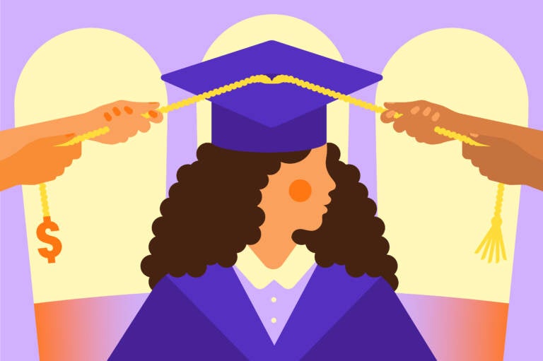 An illustration shows two different pairs of hands pulling at the tassels on the graduation cap of a student in the middle of the illustration.