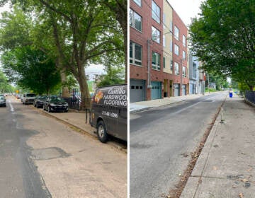 Sidewalks next to Shissler Recreation Center in Fishtown before (left) and after (right) PPA began ticketing enforcement