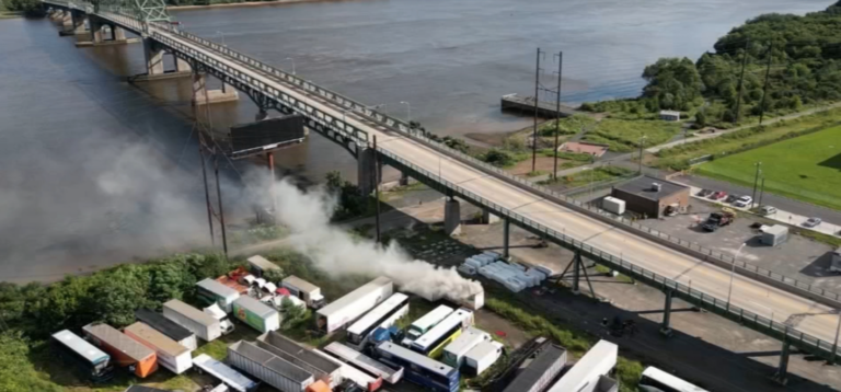 A tanker fire is seen from above by the Tacony-Palmyra Bridge in Philadelphia.