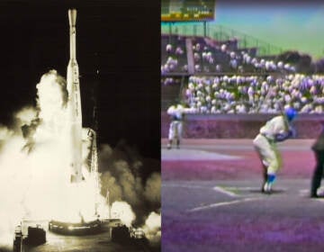 On the left is a satellite launch. On the right is footage of a baseball game.