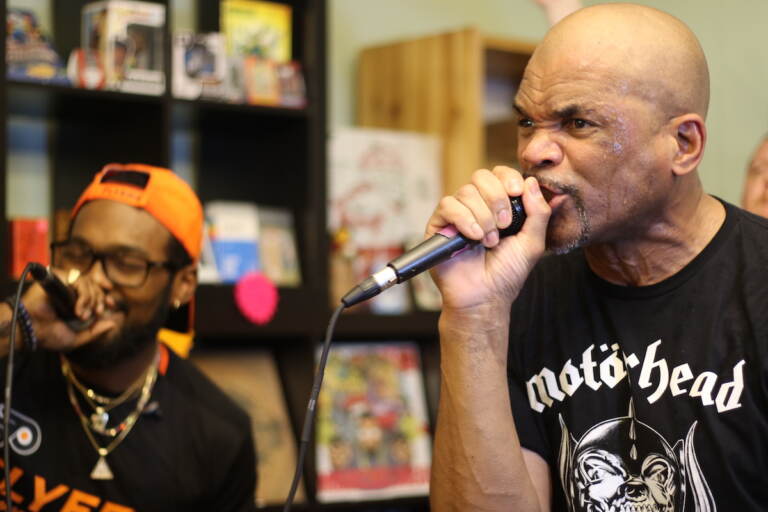 Darryl 'DMC' McDaniels took center stage at Cratediggaz Records on Aug. 13, 2023, just days after closing out Hip Hop 50 at Yankee Stadium in front of thousands in New York City. (Cory Sharber/WHYY)
