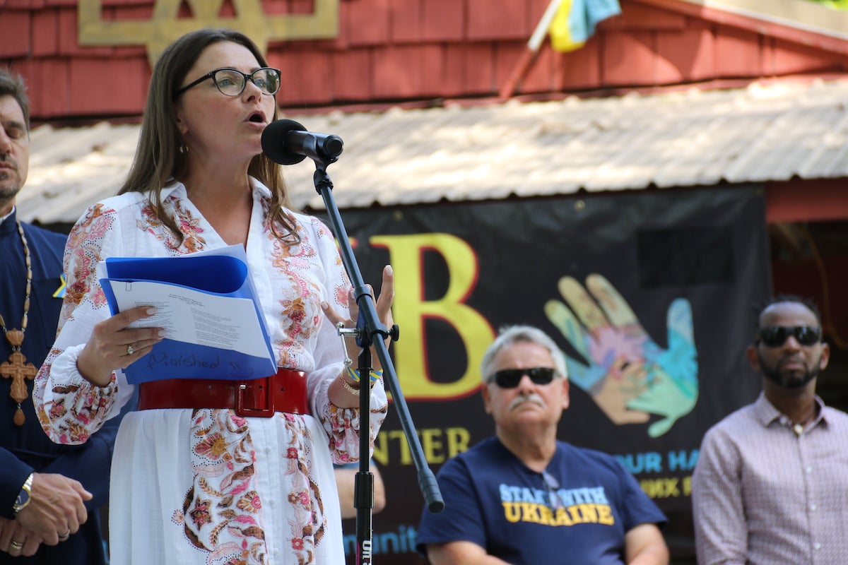 Iryna Mazur, the Honorary Consul of Ukraine to Philadelphia, expressed her gratitude for the sacrifices Ukrainian soldiers have made to maintain the country's independence. (Cory Sharber/WHYY)