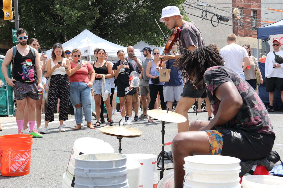 Performers were scattered throughout 2nd Street, including this drum and violin duo from Philly and New York respectively