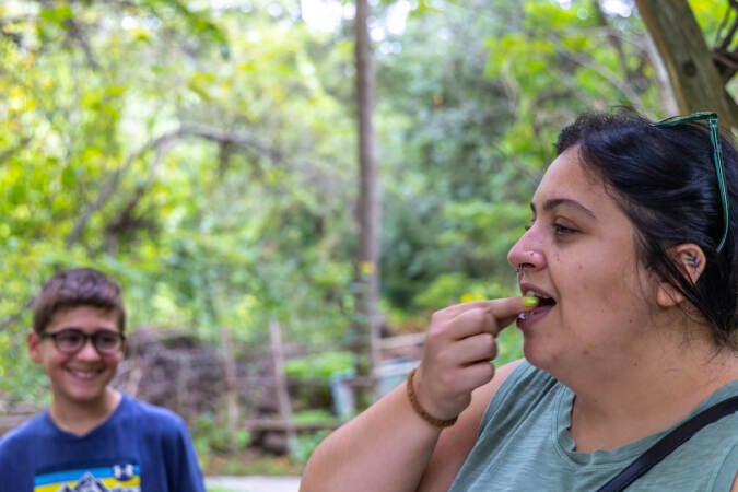 Julie McName pops a bbq-flavored bug into her mouth while nephew Gavin Drabik laughs in the background